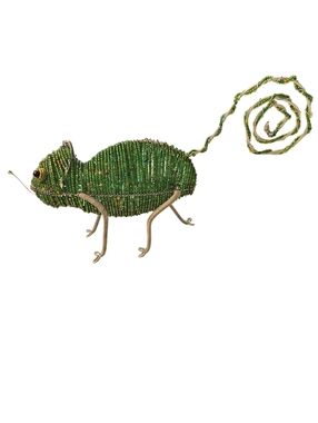 Beaded Chameleon Lizard Glass? Bead Art Wire Metal Sculpture 4" Tall
